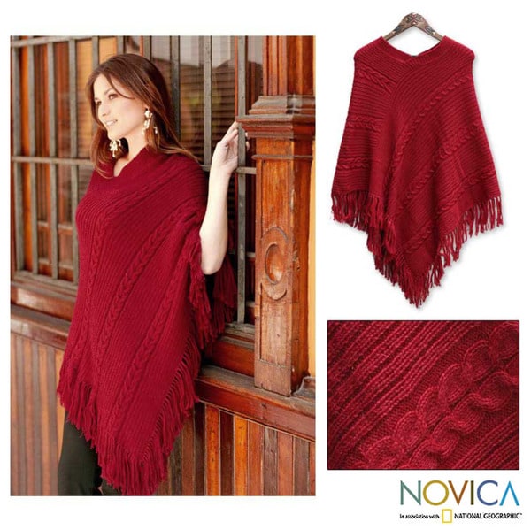 Alpaca Wool 'Red Latitudes' Poncho (Peru) Novica Women's Clothing