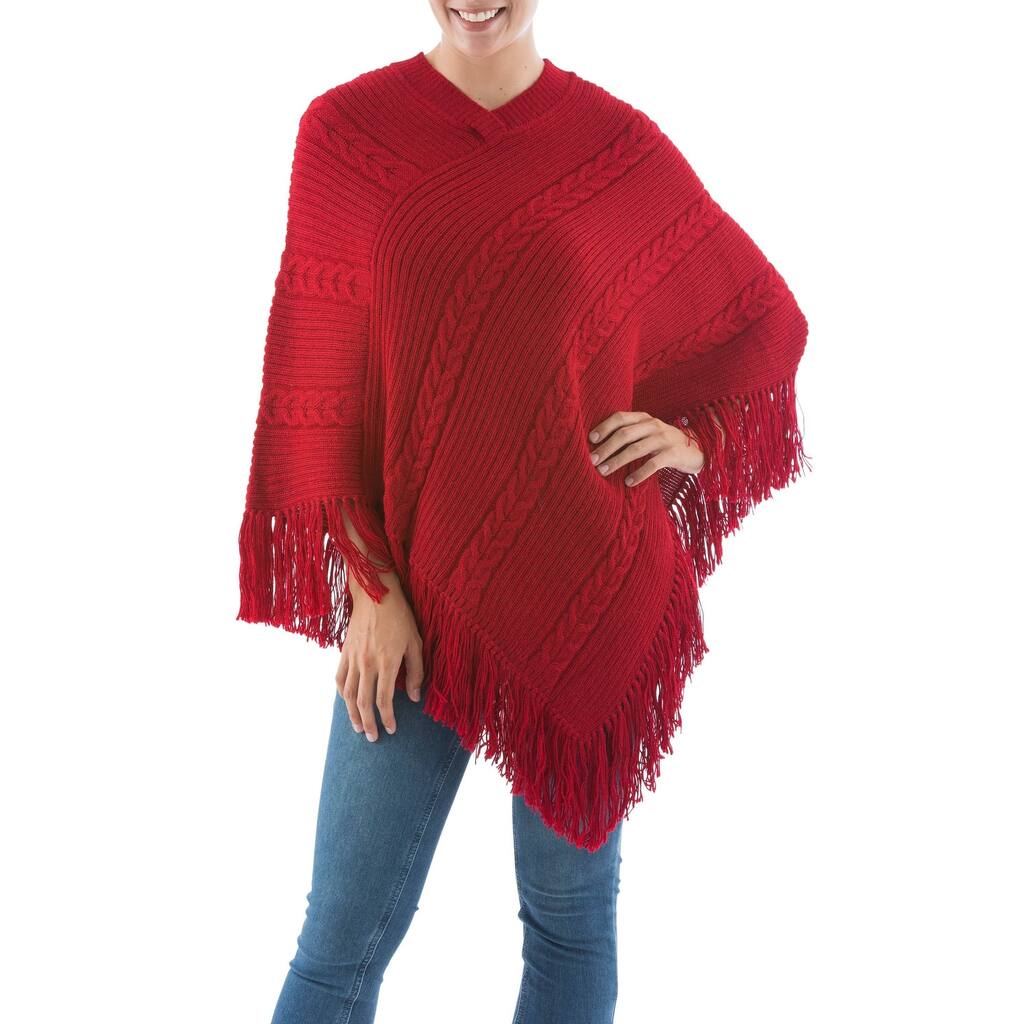 Handmade Alpaca Wool Red Latitudes Poncho (Peru) - 36" x 31.5"