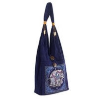 Cotton Blend Shoulder Bag Charming Thai In Black Thailand Handmade Cotton Lucky Elephant Handbag