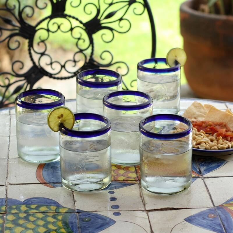 NOVICA Artisan Handblown Tumblers Bluerimmed Mexican Drinkware Cocktail Water Glasses 'Cobalt Classics'(Set of 6) - 3.9*3.2