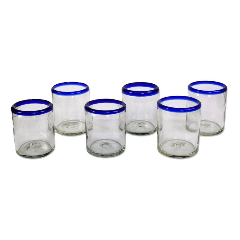 NOVICA Artisan Handblown Tumblers Bluerimmed Mexican Drinkware Cocktail Water Glasses 'Cobalt Classics'(Set of 6) - 3.9*3.2