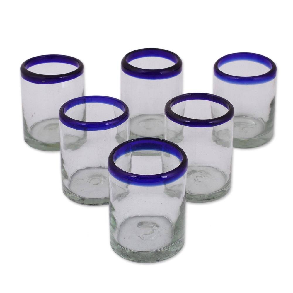NOVICA Artisan Handblown Tumblers Bluerimmed Mexican Drinkware Cocktail Water Glasses 'Cobalt Classics'(Set of 6) - 3.9*3.2
