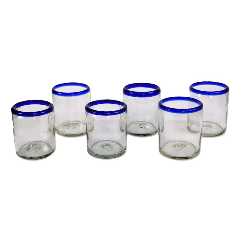 NOVICA Artisan Handblown Tumblers Bluerimmed Mexican Drinkware Cocktail Water Glasses 'Cobalt Classics'(Set of 6) - 3.9*3.2