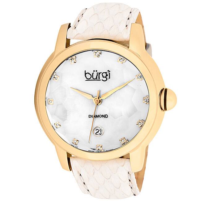 Burgi Women's Diamond Quartz Date Watch, White Strap