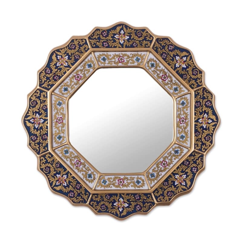 Handmade Azure Star Blue Reverse Painted Glass Mirror (Peru) - 17.25" x 17.25" - 17.25" x 17.25" - Blue