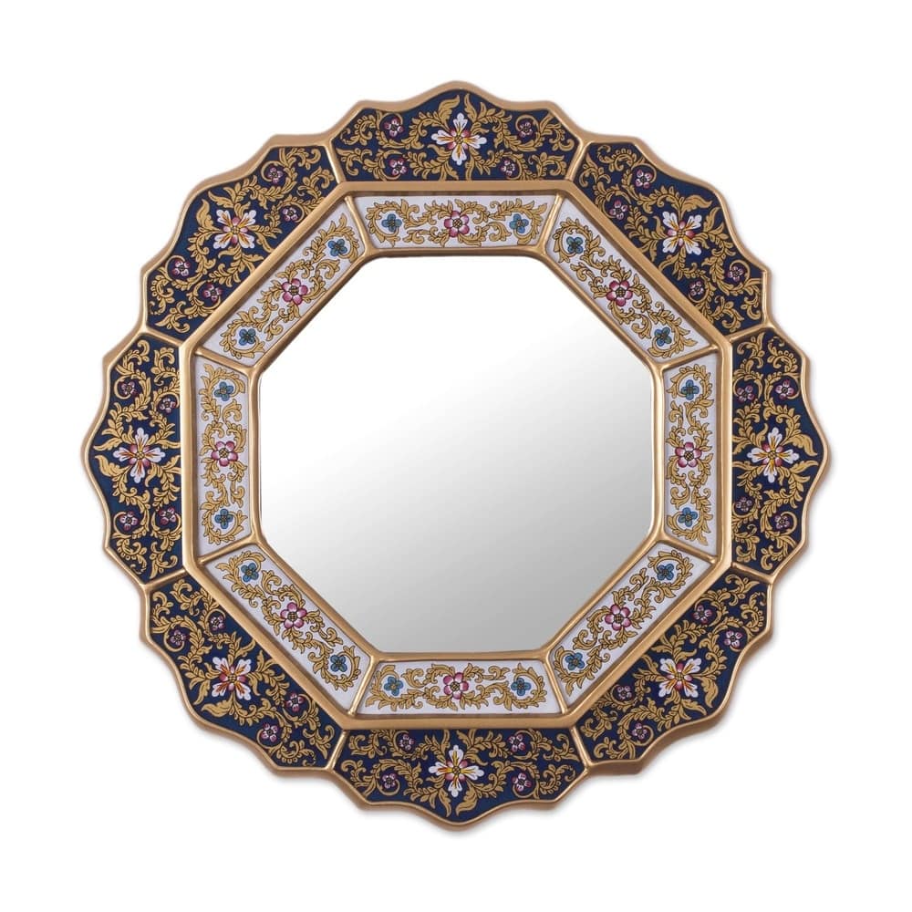 Handmade Azure Star Blue Reverse Painted Glass Mirror (Peru) - 17.25" x 17.25"