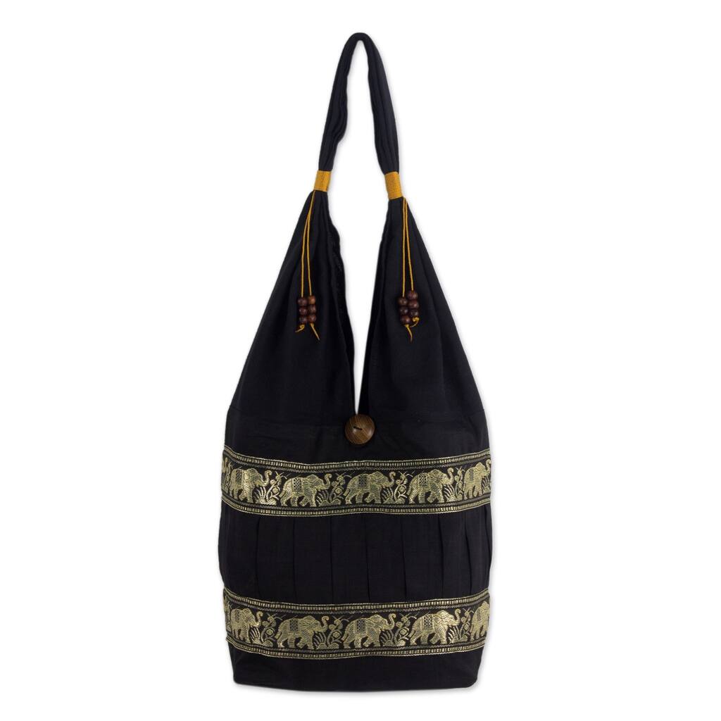 Handmade Gold Elephants Parade Across a Black Hobo Bag (Thailand)
