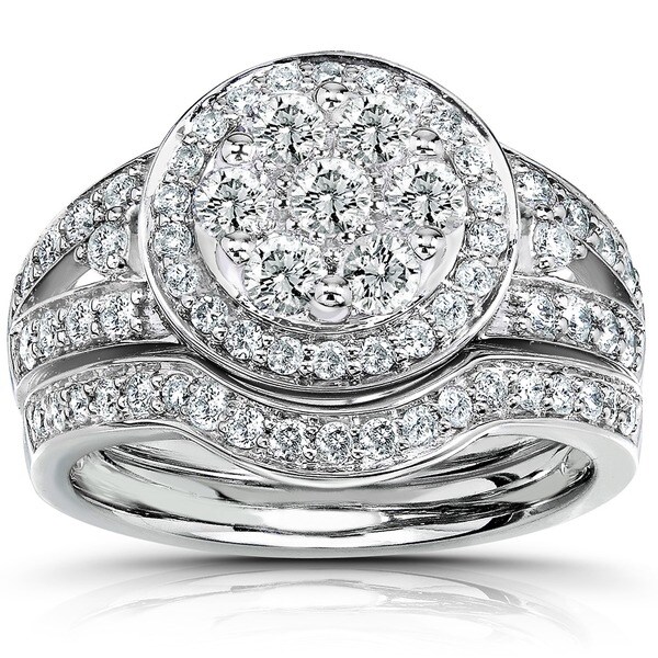 Annello by Kobelli 14k White Gold 1 Carat TDW Round Diamond Cluster Halo Bridal Rings Set. Opens flyout.