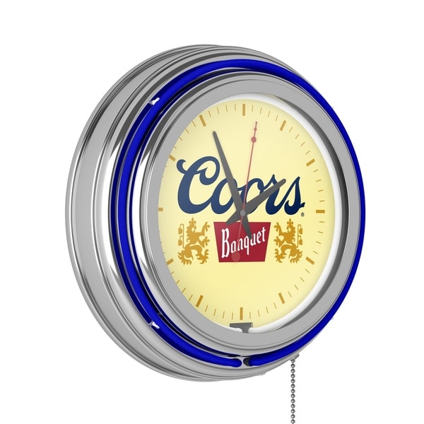 Licensed 14-inch Neon Double Ring Beer Clock. Opens flyout.