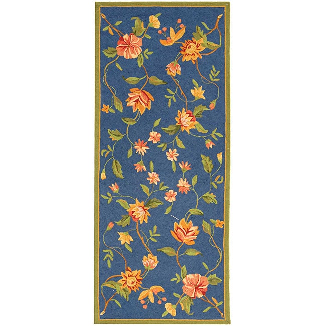 Hand hooked Garden Blue Wool Runner (26 X 6) (BluePattern FloralMeasures 0.375 inch thickTip We recommend the use of a non skid pad to keep the rug in place on smooth surfaces.All rug sizes are approximate. Due to the difference of monitor colors, some 