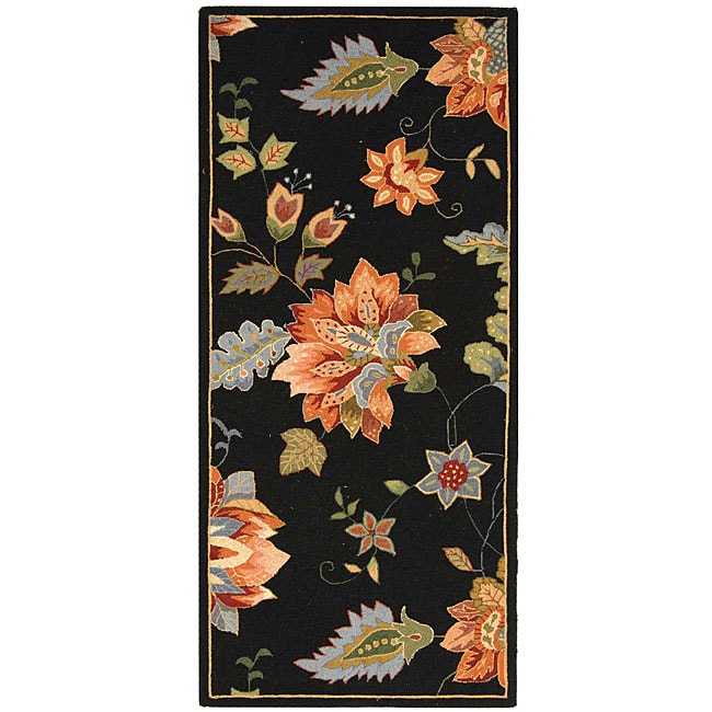 Hand hooked Botanical Black Wool Runner (26 X 6)