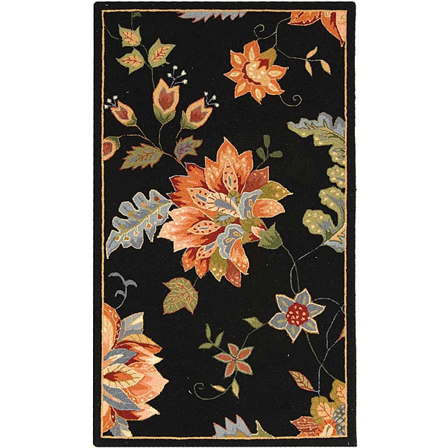 Hand hooked Botanical Black Wool Rug (29 X 49)