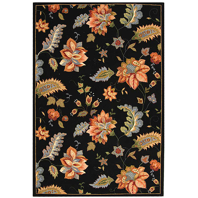 Hand hooked Botanical Black Wool Area Rug (53 X 83)