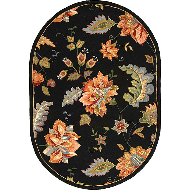 Hand hooked Botanical Black Wool Rug (76 X 96)