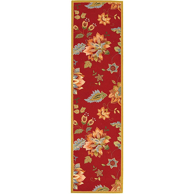 Hand hooked Botanical Red Wool Runner (26 X 8) (RedPattern FloralMeasures 0.375 inch thickTip We recommend the use of a non skid pad to keep the rug in place on smooth surfaces.All rug sizes are approximate. Due to the difference of monitor colors, some