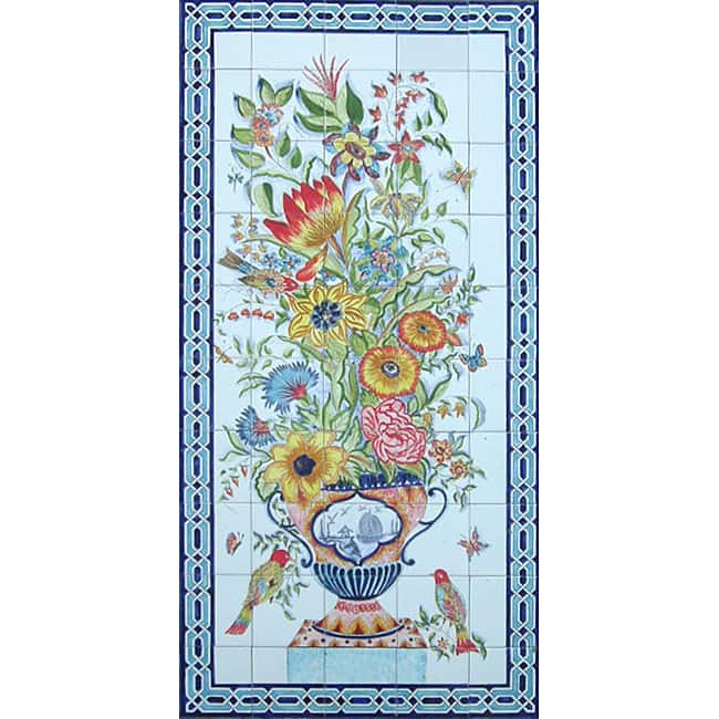 Mosaic 'Floral Birds' 50-tile Ceramic Wall Mural