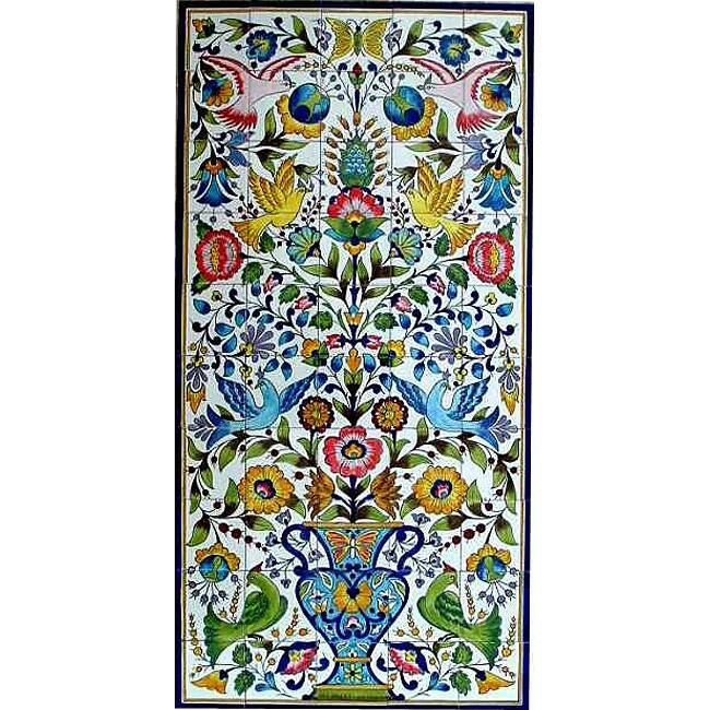Mosaic 'Floral Birds' 50-tile Ceramic Wall Mural