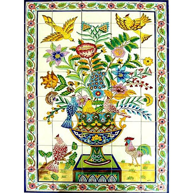 Mosaic Rooster 40 tile Ceramic Wall Mural