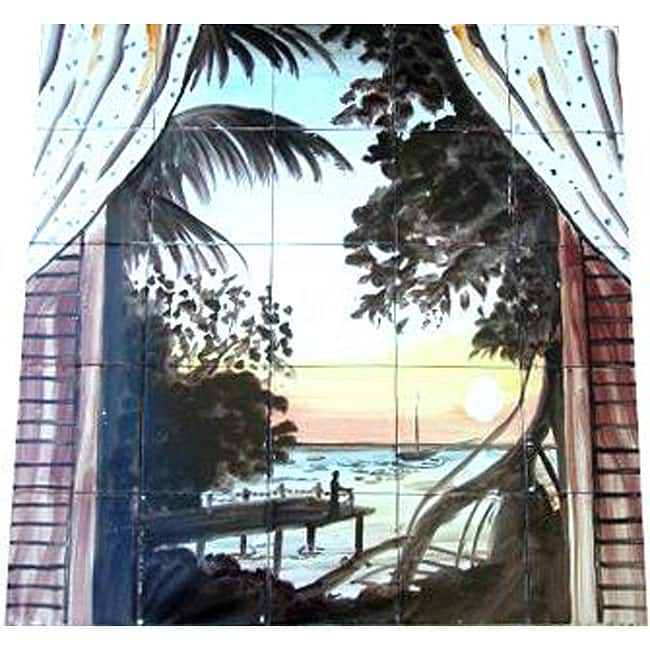 Mosaic Sunset Ocean Balcony View 25-tile Mural