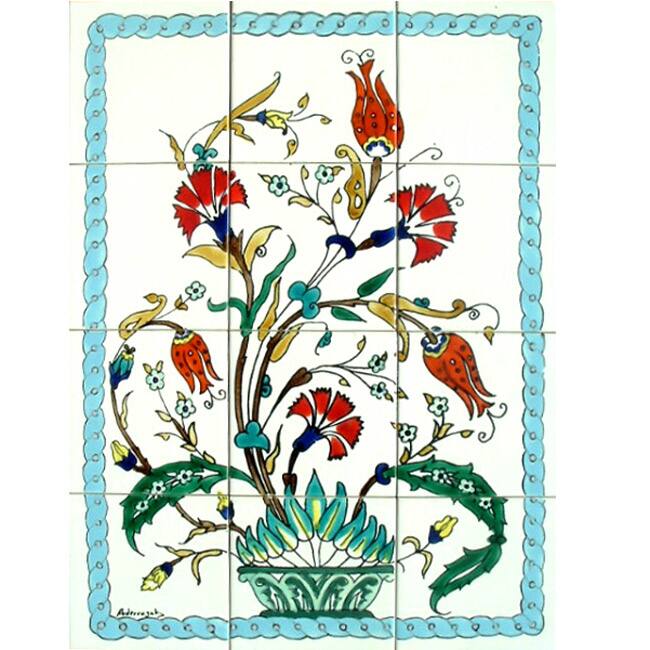Exotic Flowery Vase 12-tile Ceramic Wall Mosaic