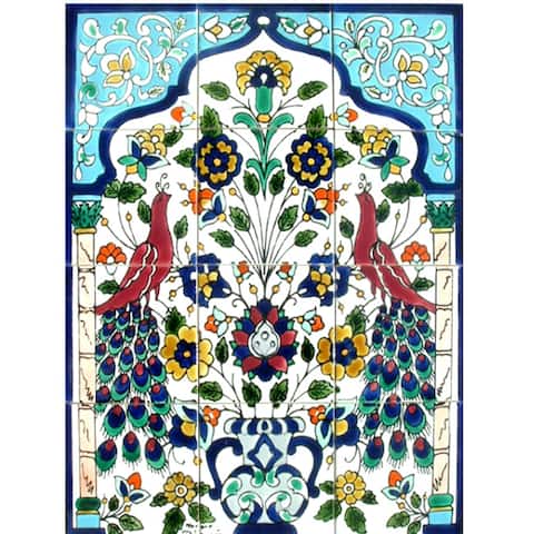Peacock Antique-style 12-tile Ceramic Wall Mosaic