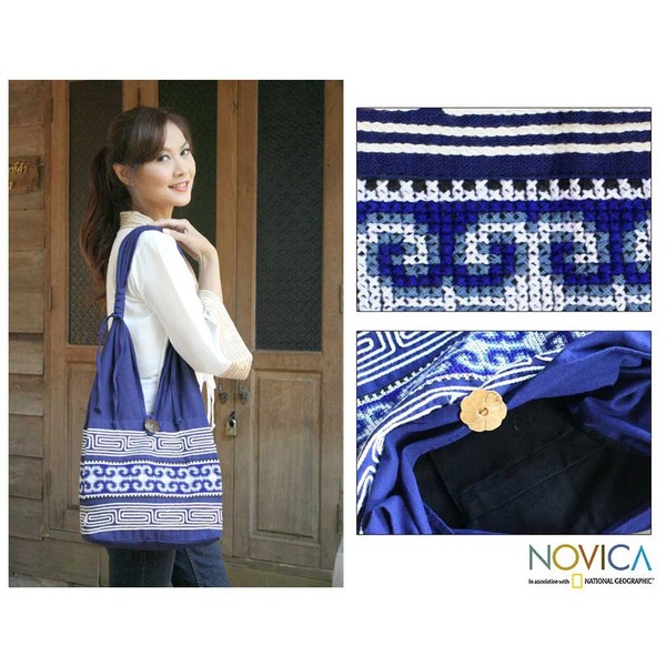 Cotton 'Blue Blossoms' Handbag (Thailand) Novica Fabric Bags