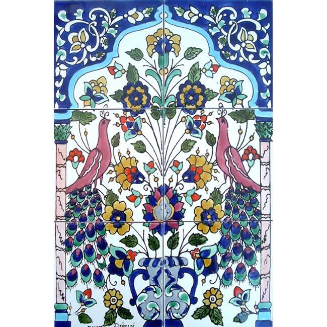 Mosaic 'Antique Looking Art Peacock' 6-tile Ceramic Wall Mural