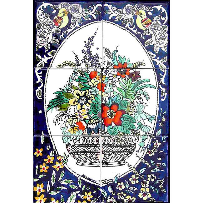 Mosaic 'Vertical Floral Pot' 6-tile Ceramic Wall Mural