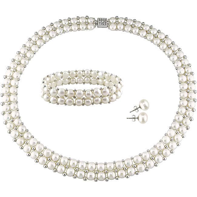 Miadora Sterling Silver Double Row Freshwater Cultured Pearl Strand Jewelry Set (6-8 mm) - White