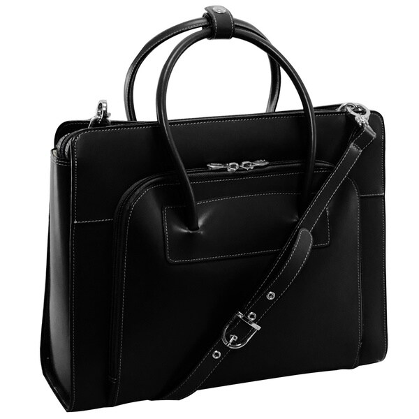 black leather laptop tote