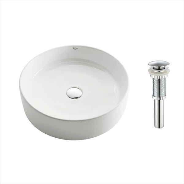 Kraus KCV-140 Elavo 18 Inch Round Vessel Porcelain Ceramic Vitreous Bathroom Sink in White, Pop Up Drain optional