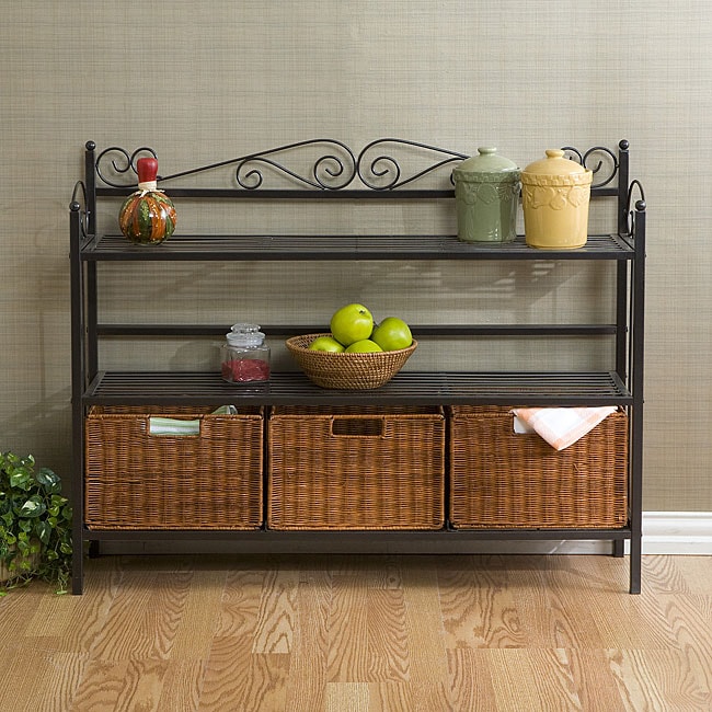 Shop Copper Grove Stoyoma Metal Baker S Rack With 3 Rattan Drawers