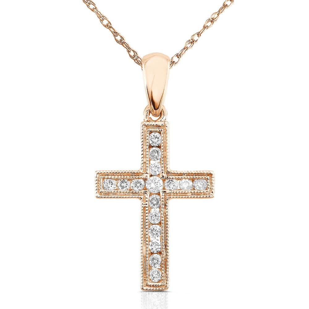Kobelli Natural Diamond 14k Solid Gold Milgrain Edged Religious Cross Sunday Necklace