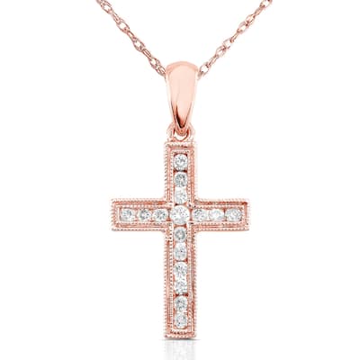 Kobelli Natural Diamond 14k Solid Gold Milgrain Edged Religious Cross Sunday Necklace