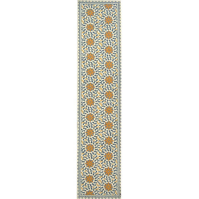 Hand hooked Majestic Ivory/ Blue Wool Runner (26 X 10) (IvoryPattern FloralMeasures 0.375 inch thickTip We recommend the use of a non skid pad to keep the rug in place on smooth surfaces.All rug sizes are approximate. Due to the difference of monitor co