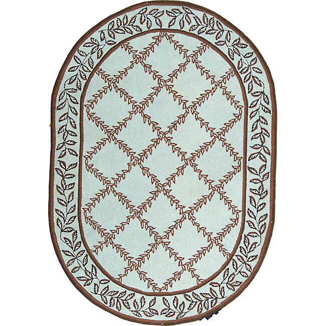 Hand hooked Turquoise Blue/ Brown Wool Rug (46 X 66 Oval)