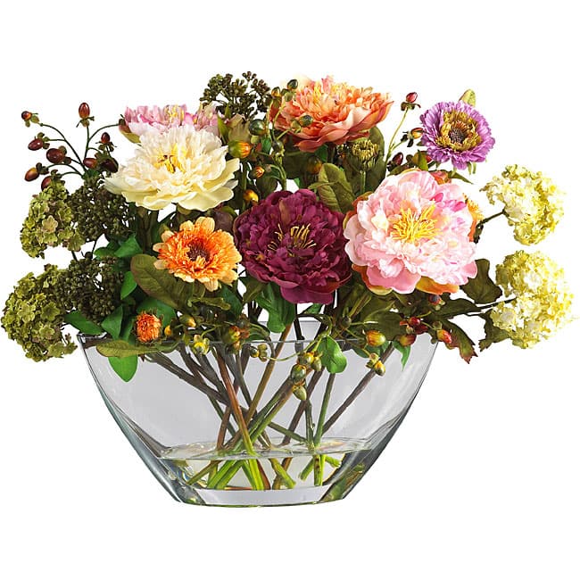 Mixed Silk Peony Arrangement with Glass Vase