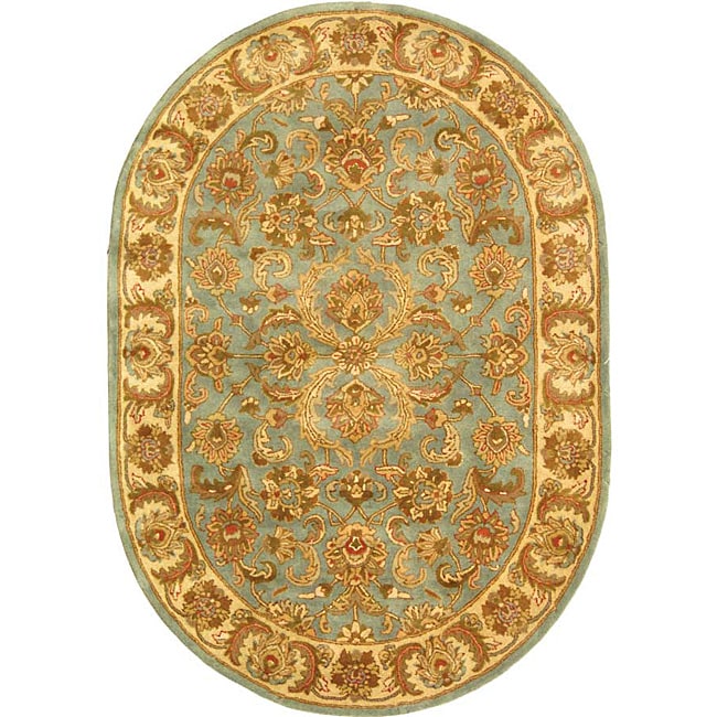 Handmade Heritage Kermansha Blue/ Beige Wool Rug (76 X 96 Oval)