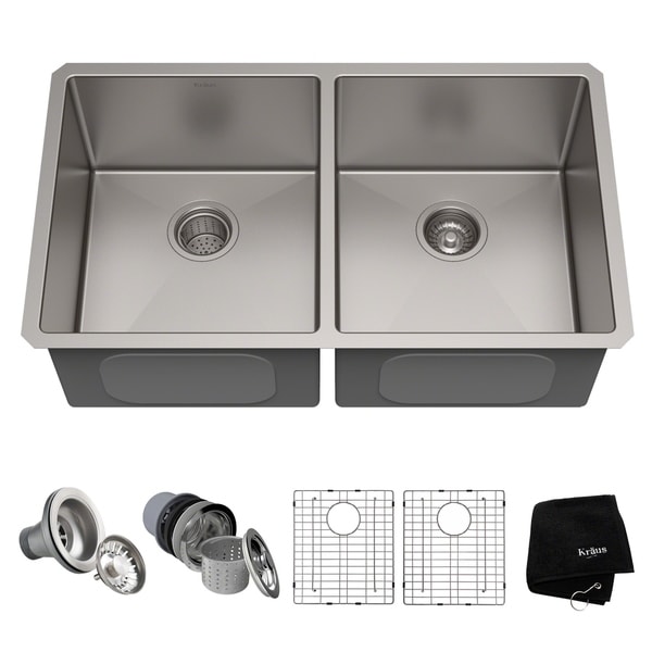 Kraus KHU102-33 Undermount 33-in 16G 50/50 2-Bowl Satin Stainless Steel Kitchen Sink, Grids, Strainers, Towel