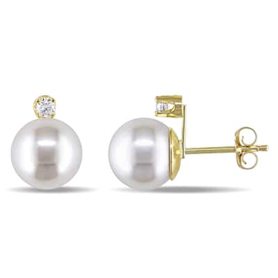 Miadora 14k Gold Cultured Pearl and 1/10ct TDW Diamond Earrings (8-9 mm)