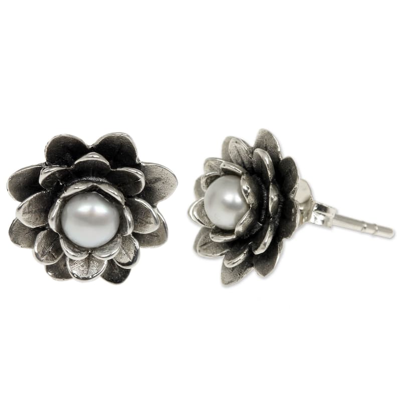 NOVICA Handmade Lotus Freshwater Pearl with Flower Earrings (Indonesia) - 0.5*0.5