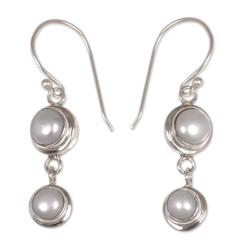 Handmade Two Full Moons Freshwater Pearls Bridal Dangle Earrings (Bali) - Natural white - White