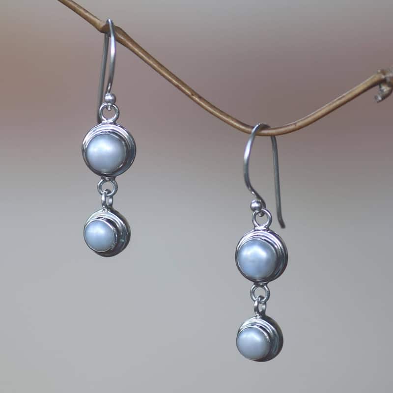 Handmade Two Full Moons Freshwater Pearls Bridal Dangle Earrings (Bali)