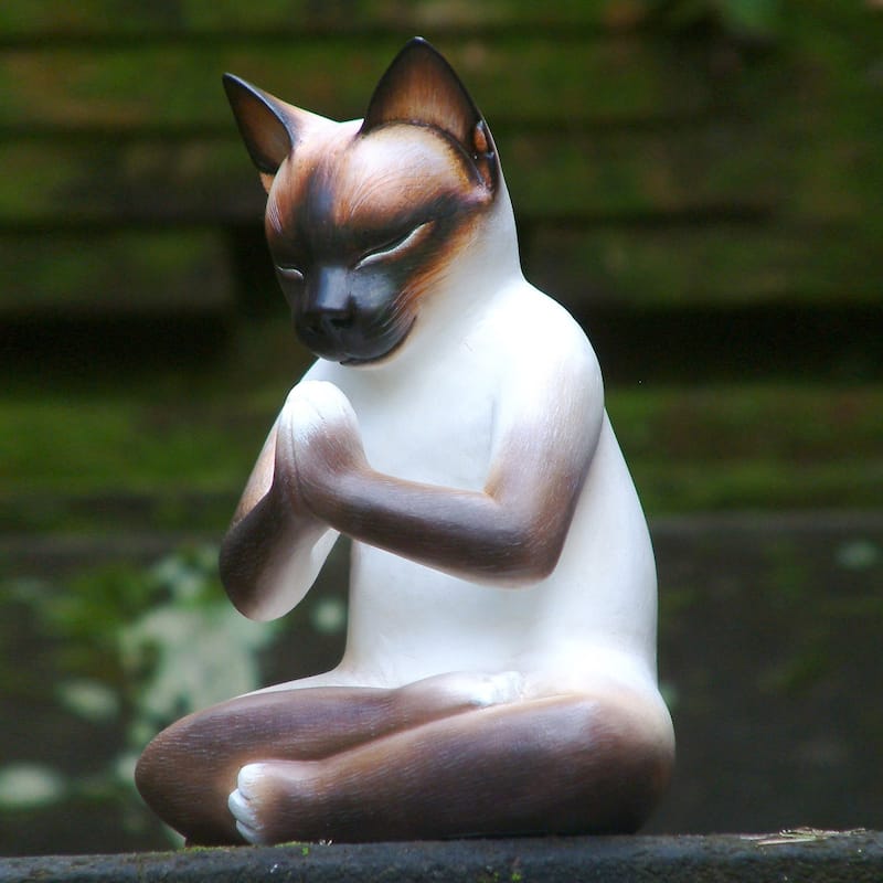 Kitty Meditates Handmade Cat Kitten Prayer Zen Buddhist White Black Feline Home Decor Desk Gift Wood - 7.75" H x 5.5" W x 4.3" D