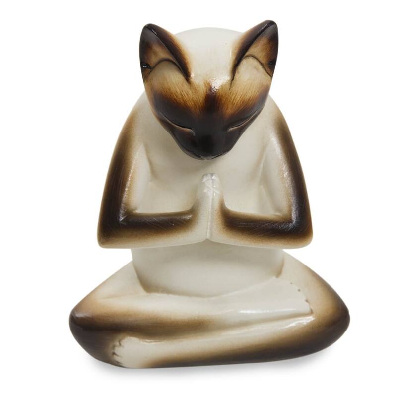 Kitty Meditates Handmade Cat Kitten Prayer Zen Buddhist White Black Feline Home Decor Desk Gift Wood - 7.75" H x 5.5" W x 4.3" D