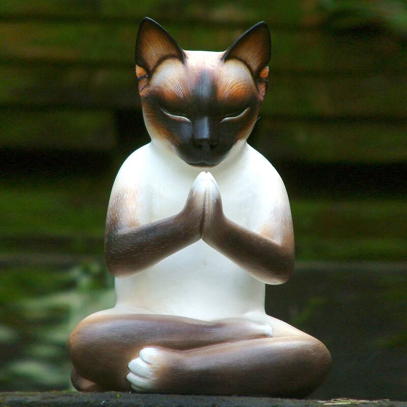 Kitty Meditates Handmade Cat Kitten Prayer Zen Buddhist White Black Feline Home Decor Desk Gift Wood - 7.75" H x 5.5" W x 4.3" D