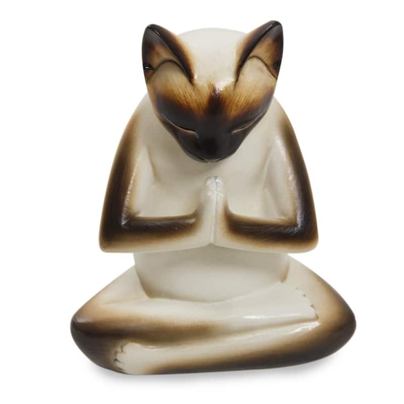 Kitty Meditates Handmade Cat Kitten Prayer Zen Buddhist White Black Feline Home Decor Desk Gift Wood - 7.75" H x 5.5" W x 4.3" D - 7.75" H x 5.5" W x 4.3" D - White