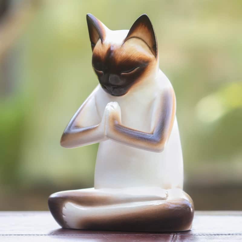Kitty Meditates Handmade Cat Kitten Prayer Zen Buddhist White Black Feline Home Decor Desk Gift Wood - 7.75" H x 5.5" W x 4.3" D