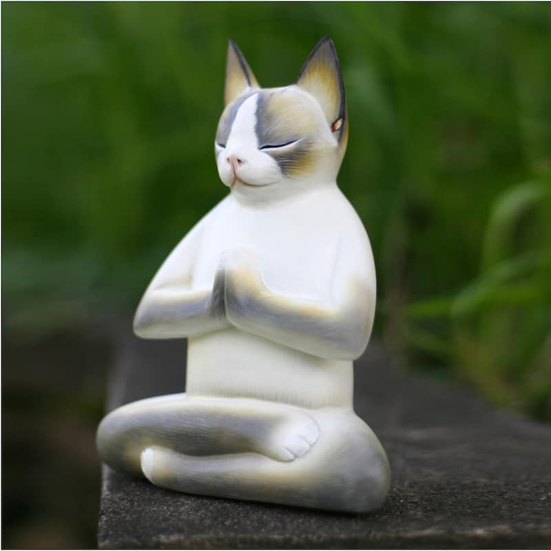 Cat In Meditation Handmade Kitten Kitty Prayer Zen Buddhist White Gray Feline Home Decor Desk Gift Wood Statuette
