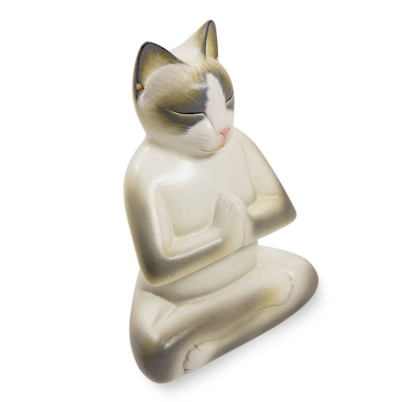 Cat In Meditation Handmade Kitten Kitty Prayer Zen Buddhist White Gray Feline Home Decor Desk Gift Wood Statuette